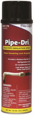 Pipe-Dri is an aerosol insulation which provides a moisture barrier to stop sweating and dripping on refrigeration lines, air conditioning lines, and other cold surfaces. Quickly adheres and dries to a hard water proof coating.